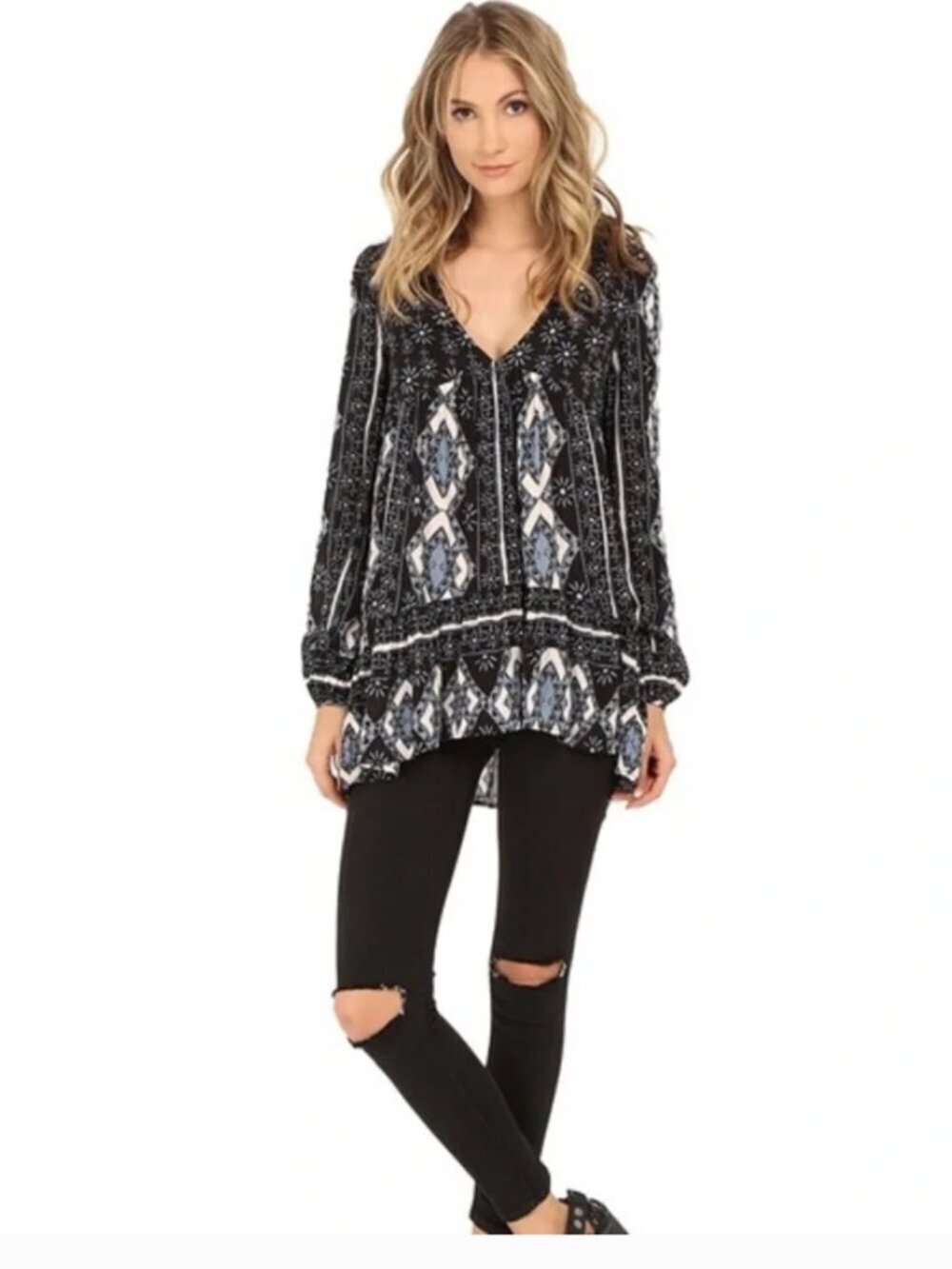 Free people down by the bay tunic Black Blue Medium Long Sleeve mini Dress